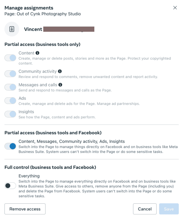 Facebook page permissions setup