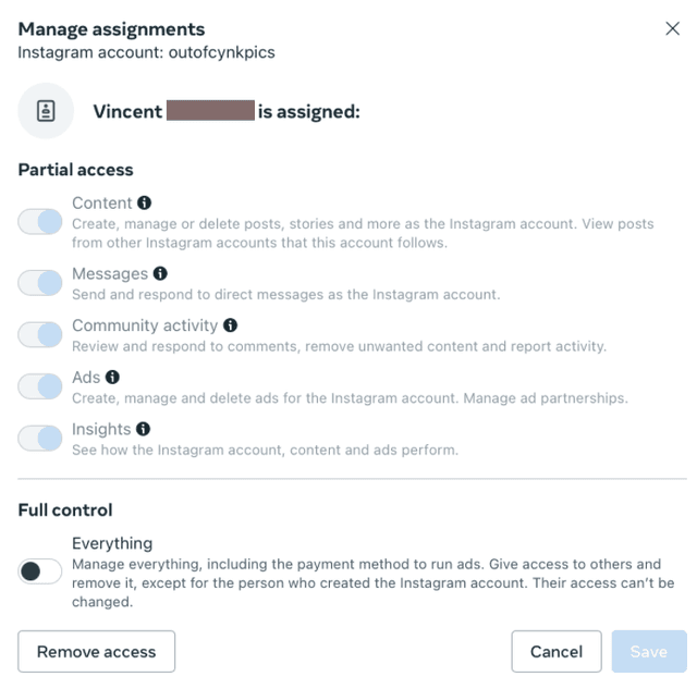 Instagram account permissions setup
